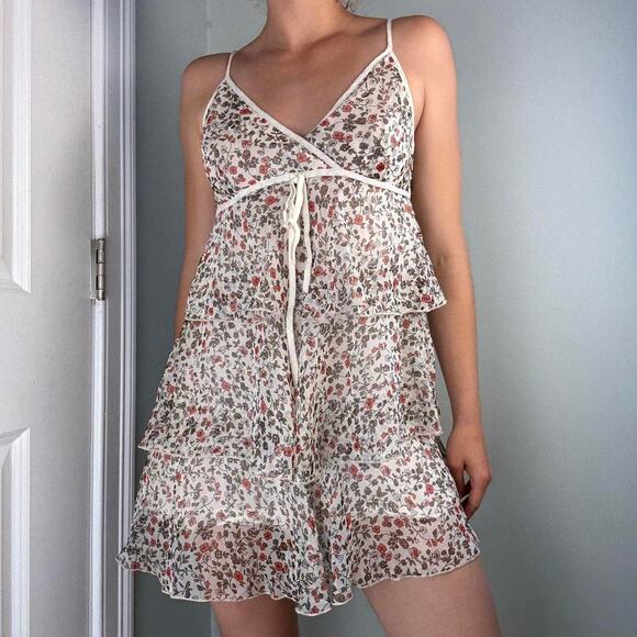 White pink floral mini babydoll tiered dress - Picture 7 of 8